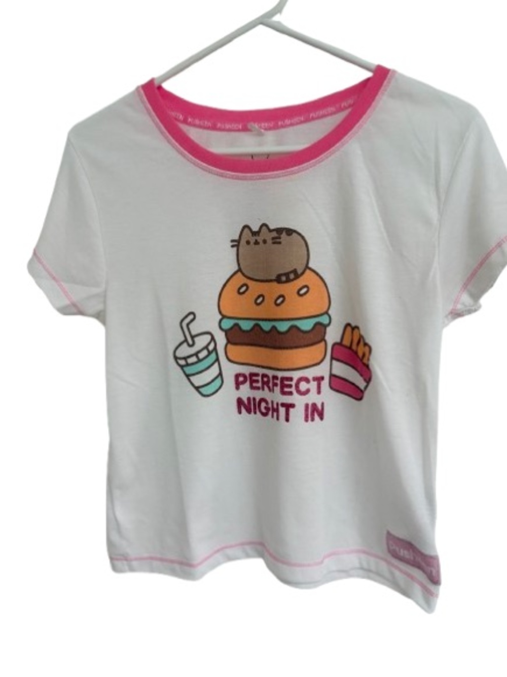 Girl's Pusheen White Pajamas Top with Pink Trim and Fast Food Graphic